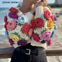2023 Autumn BOHO Hand Crochet 3D Flower Ball Cardigan Sweet Woman V neck Full Lantern sleeve Knitting Sweater Knitwear Jumper 1