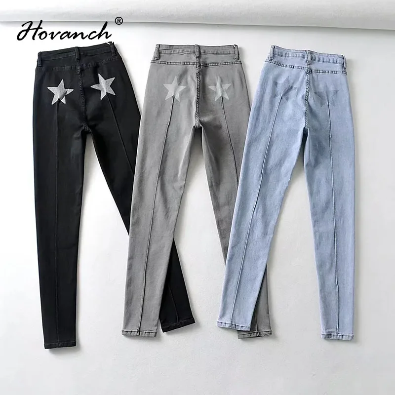 

Hovanch Fashion Denim Casual High Waist Elastic Tight pentagram Skinny Jeans Women's Wear 2023 Summer Y2K Bottom Street Wear