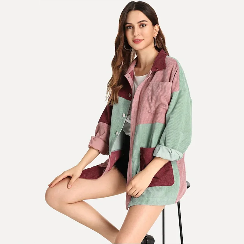 

Fashion Corduroy Shirt Jacket Women Autumn Winter Color Matching Casual Loose Slim Blouse High Quality Coats Female Top Clothing