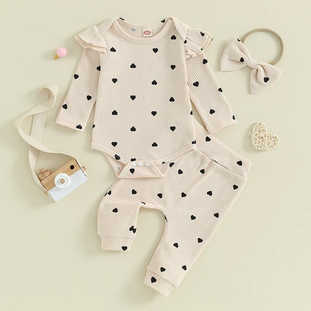 2023-09-12 Lioraitiin Infant Baby Girl Clothes Set Waffle Knit Heart Long Sleeve Romper Pants Headband Suit Outfits Fall Clothes 2