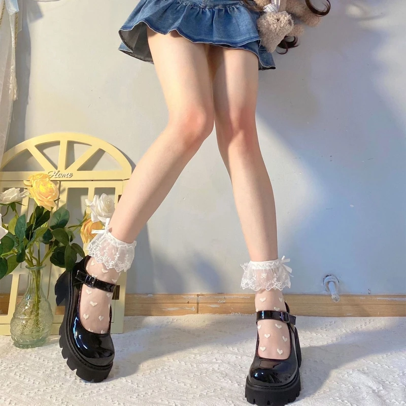 Women Lolita Transparent Mesh Crew Socks Sweet Ruffled Lace