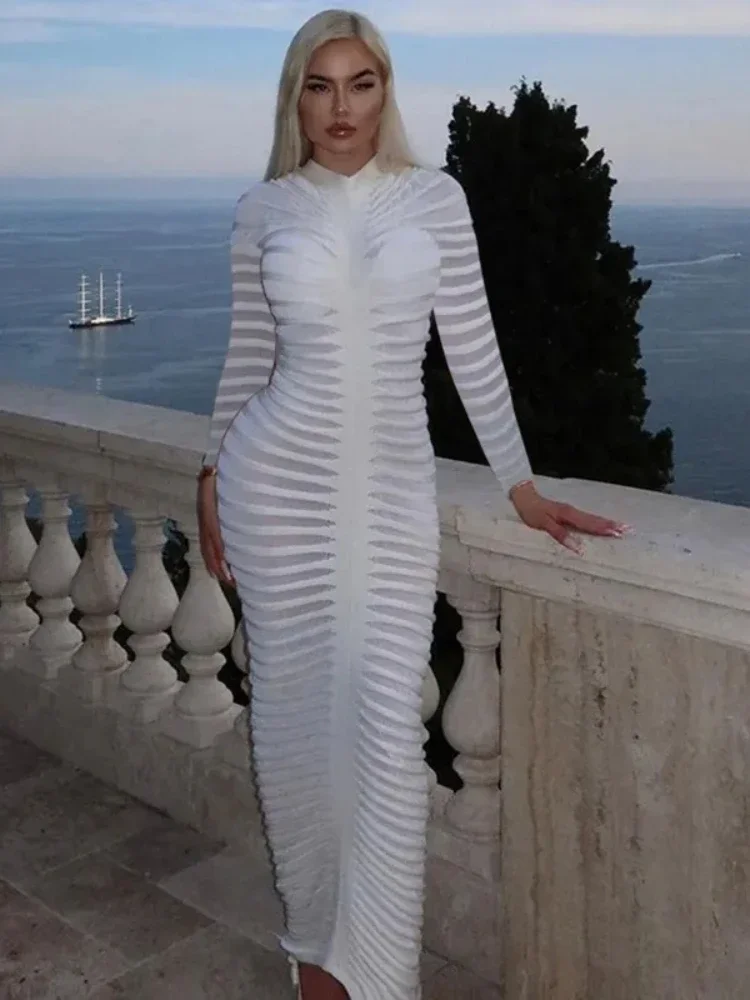 

2023 Autumn Outfit Maxi Dress Sheer Knitted Sweater Dress Long Sleeve White Bodycon Dresses for Women Fashion Beach Dress
