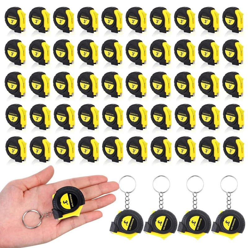 

50 PCS Mini Measuring Tape Retractable Key Chain Tape Black & Yellow 3 FT Measure Easy Read Measuring Tape Bulk Set