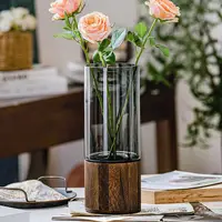 Modern European Style Vase Living Room Dining Table Flower Arrangement Wooden Base Transparent Glass Vase Home Decoration Gift - Image 3