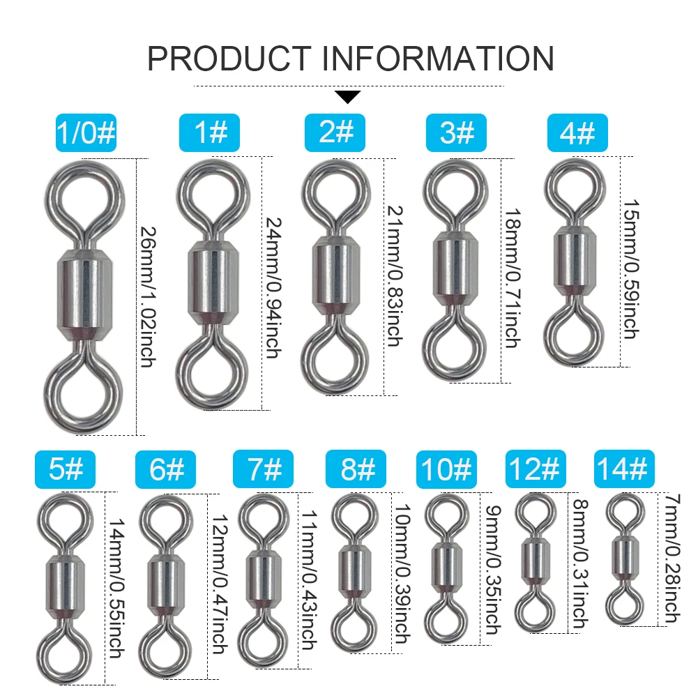 50/200pcs Power Saltwater Fishing Swivels All 304 Stainless Steel Strong Rolling Swivels 1/0#-14# Lure Hook Fishing Connector 4