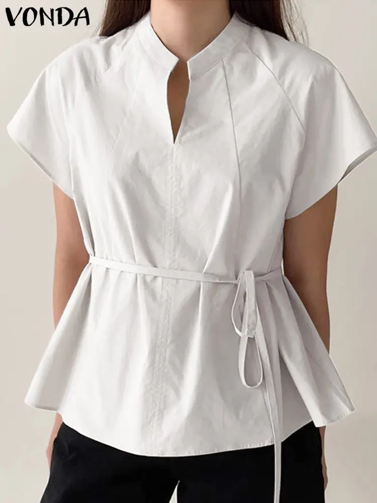 

Women Fashion Shirts 2023 VONDA Elegant Blouse OL Short Sleeve Bandage V-neck Casual Solid Tunic Top Summer Blusas Femininas