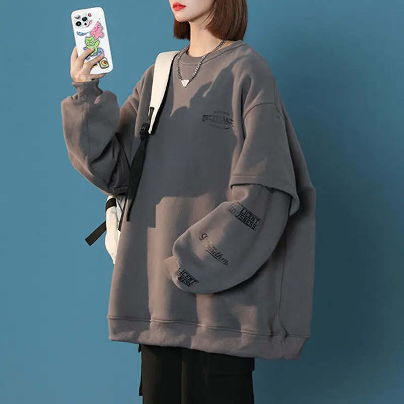 Letter Sweatshirts Women Vintage Students Fake 2 Pcs Designed Ulzzang Streetwear BF Couple Harajuku Classic Chic All-match
