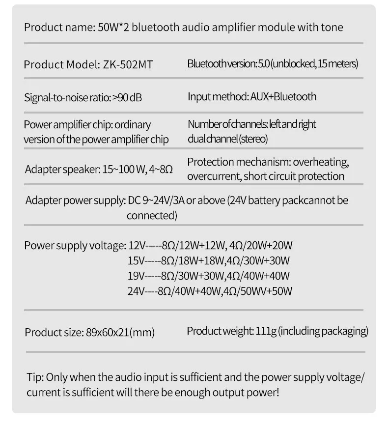 ZK-502MT 블루투스 5.0 서브 우퍼 앰프 보드 2.0 채널 고출력 오디오 스테레오 앰프 보드 2X50W 베이스 AMP