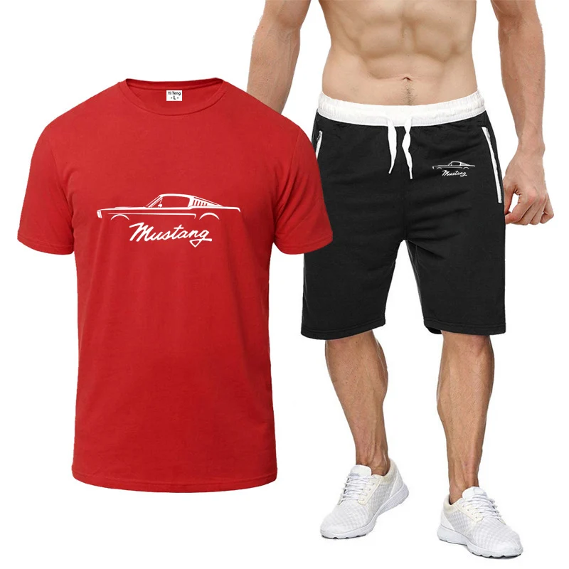2023 Mustang Car Logo Harajuku Summer Men Print New Eight-Color Summer Short-Sleeved Comfortable Casual T-shirt Solid Color Suit