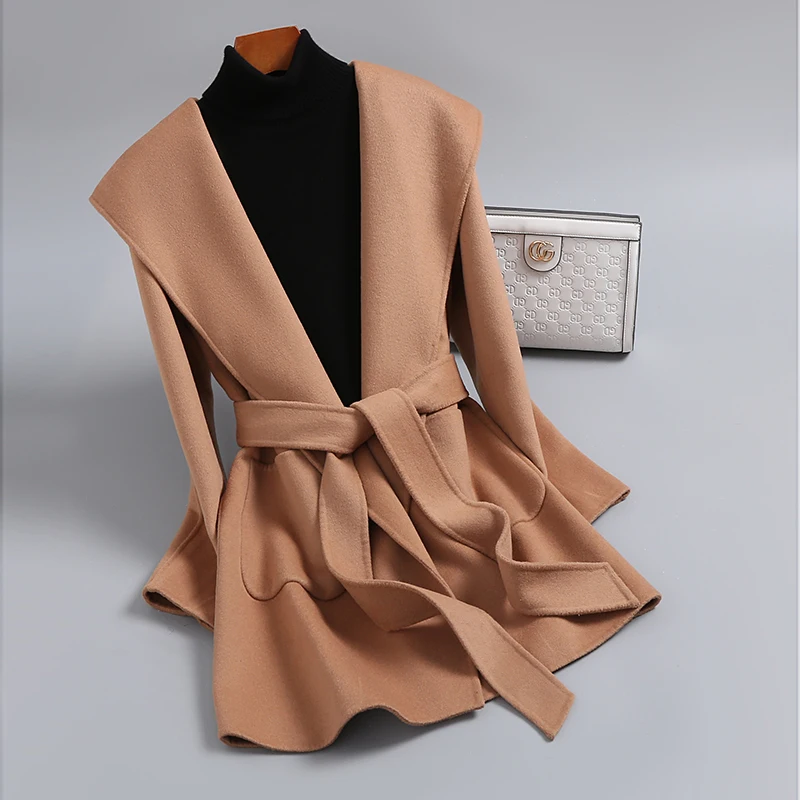 

2023 Autumn and Winter New Double sided Wool Coat Women's Fashion Short Hooded Solid Color Cashmere Fabric Slim Fit Coat
