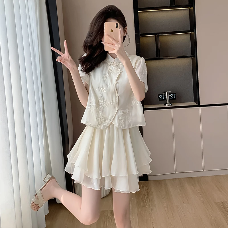 새로운 중국 스타일 개선 자카드 자수 꽃 탑 쉬폰 더블 레이어 스커트 투피스 양복 여름 연령 감소