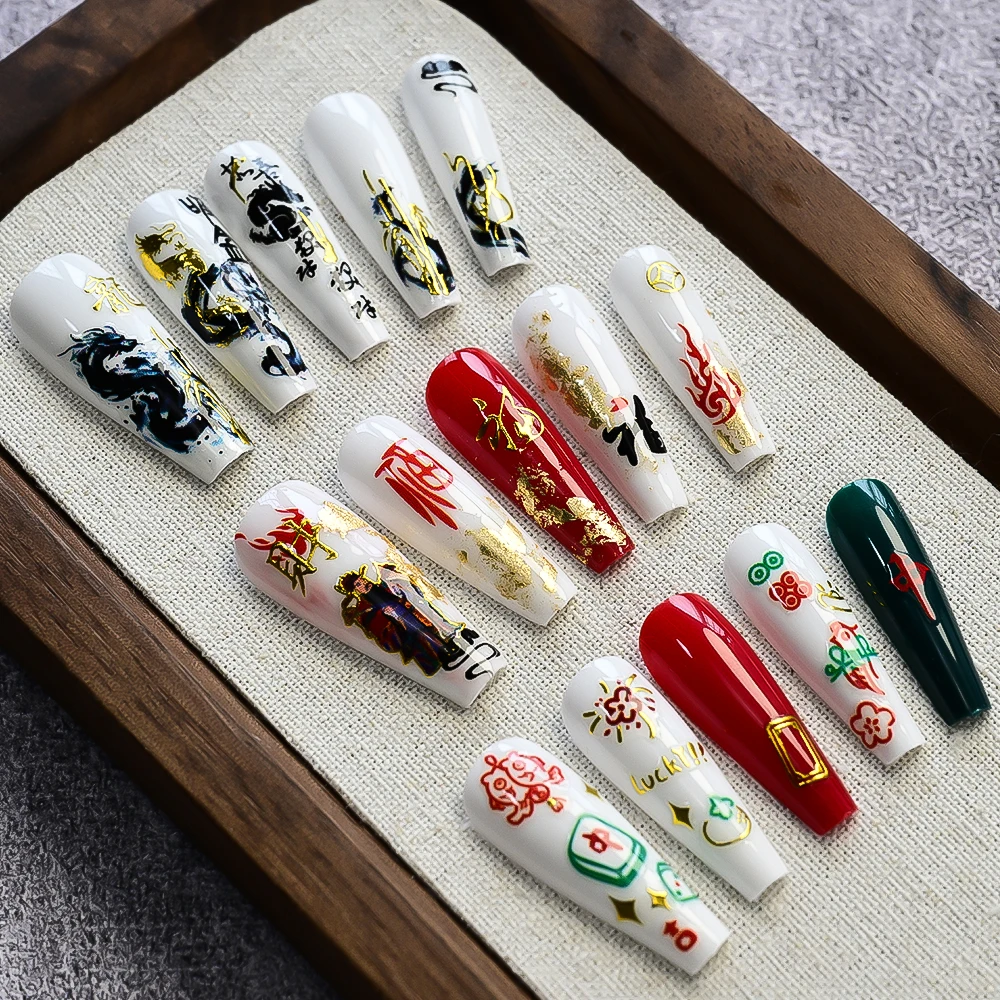 6pcs 부의 신 네일 아트 스티커 잉크/금박 드래곤 마작 패턴 중국어 네일 아트 데칼 한자 매니큐어 액세스