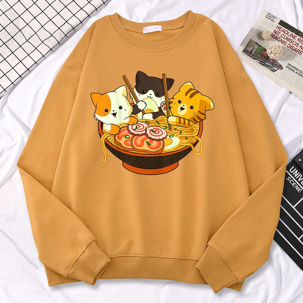 Einfaches Kawaii-Sweatshirt für Frauen, Anime-Katzen, die japanische Ramen-Nudeln essen, bedruckte Hoodies, lockere warme Pullover-Kleidung mit Rundhalsausschnitt – Detail 13