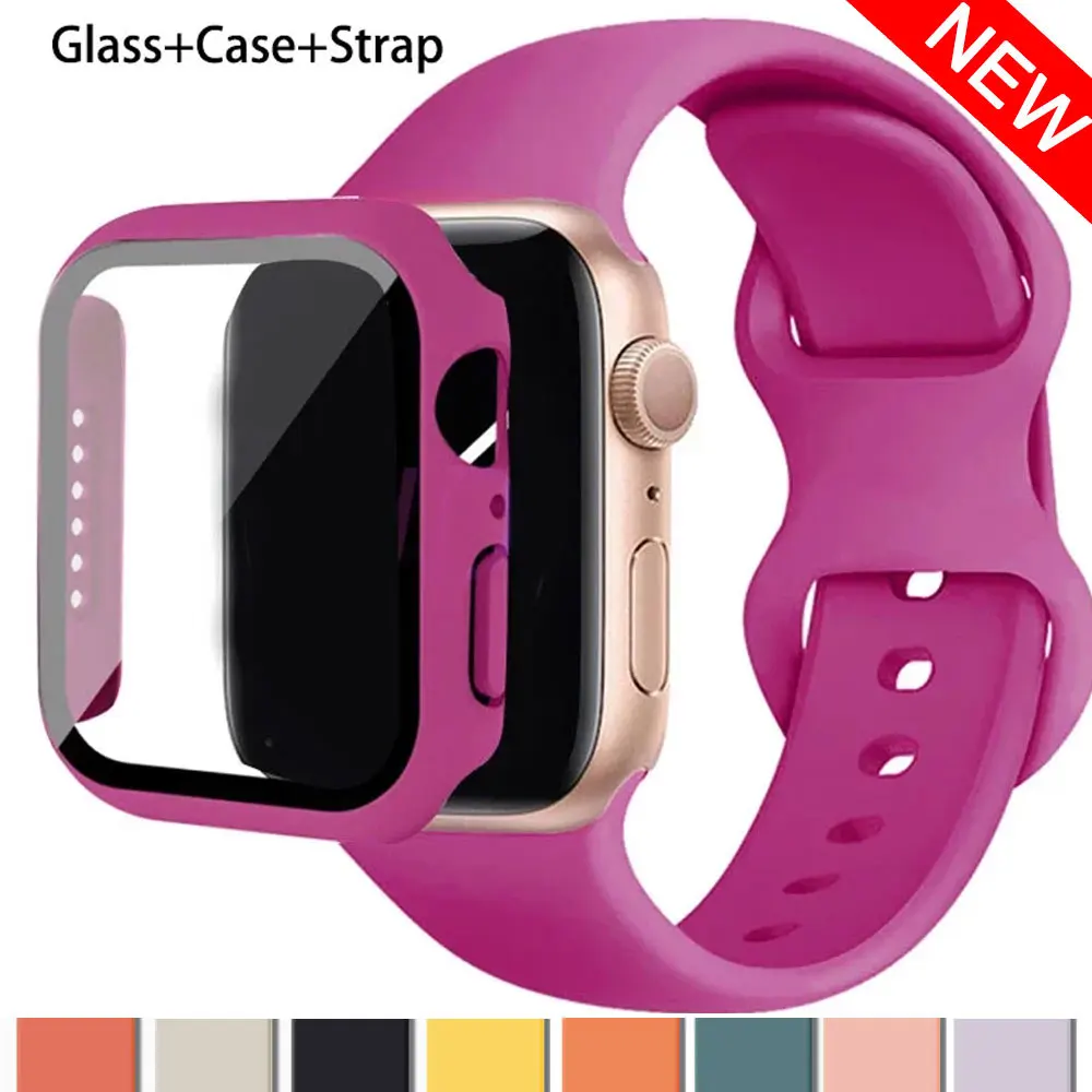 Vidrio + funda + correa para Apple Watch band 44mm 41mm 45mm 40mm 38mm 42mm pulsera de silicona iWatch series se 7 correas de reloj