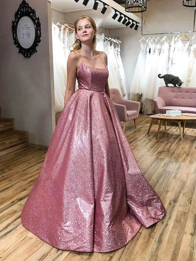 

A-line Elegant Spaghetti Straps Sparkly Long Prom Dress Back Lace Up Evening Gowns vestido de fiesta elegantes para mujer