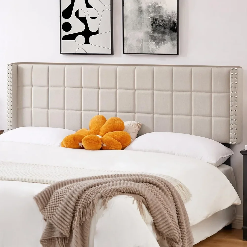 Linen Upholstered Headboard for King Size Bed, Tufted Nailhead & Double Wingback for Bedroom, 6 Adjustable Position from