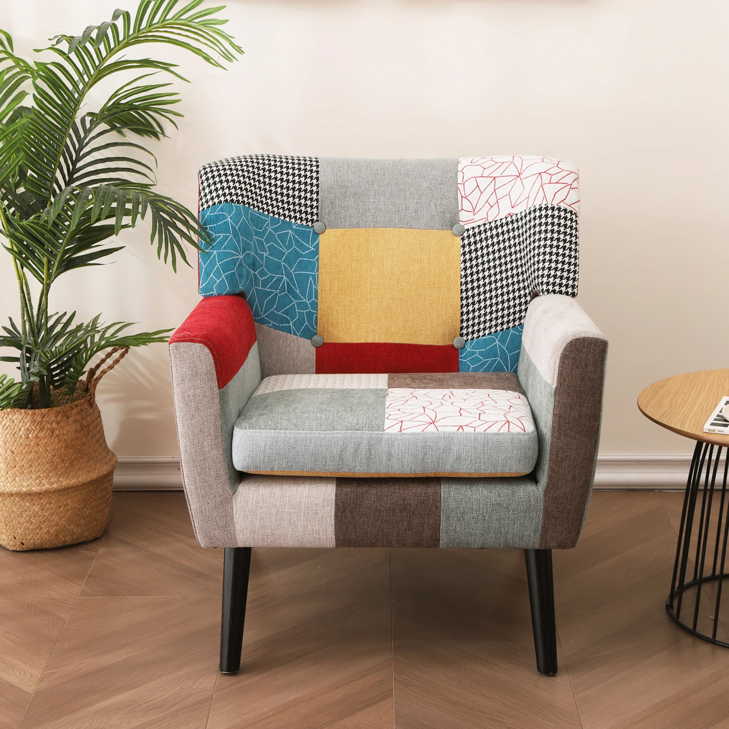 

Comfy Mid Century Modern Patchwork Accent Chair, Colourful Single Fabric Club Chair for Bedroom, Stylish Chair for Livingroom, O