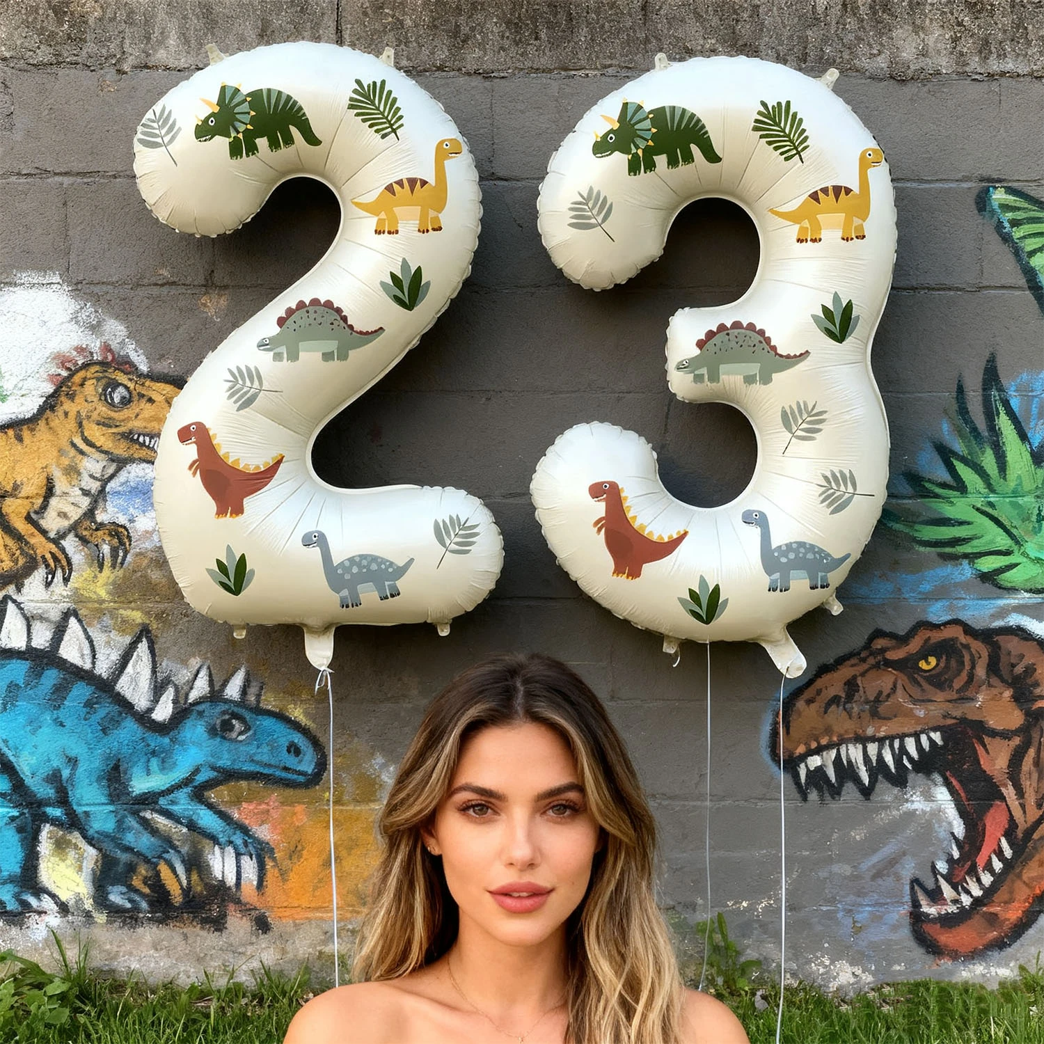 32-Zoll-Ballons mit cremeweißen Zahlen und Dinosaurieraufklebern, geeignet für Geburtstagsfeierdekorationen, Hochzeiten, Veranstaltungen für Erwachsene usw