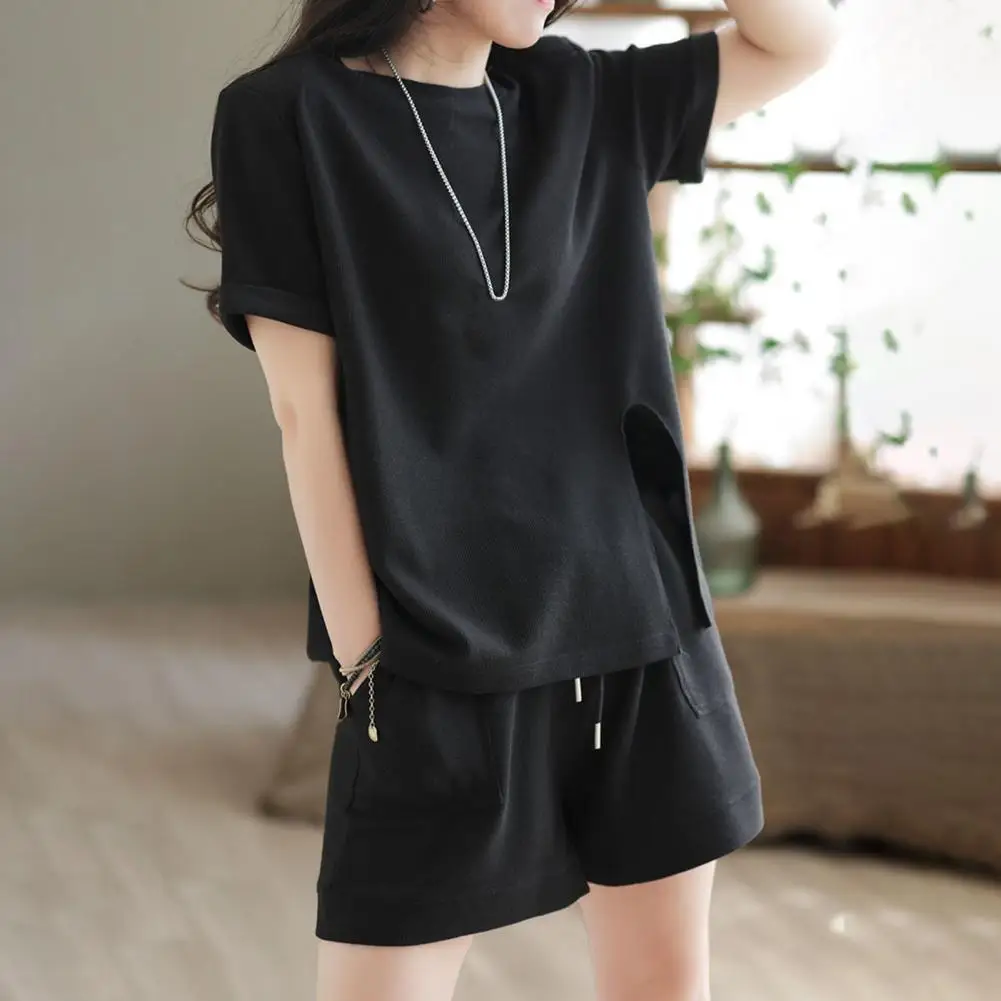 Fashion Sports Shorts Lint Free Dress-up Non-Fading Women Loose Shirt with Shorts Two-piece Suit Short Sleeve Wide Leg 3