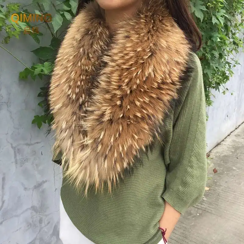 Real Fur Collar Furry Raccoon Fur Scarf Ring Winter Neck Warmer Women Men Jackets Hood Shawl Wraps Fluffy Warm Long Scarf fur scarf