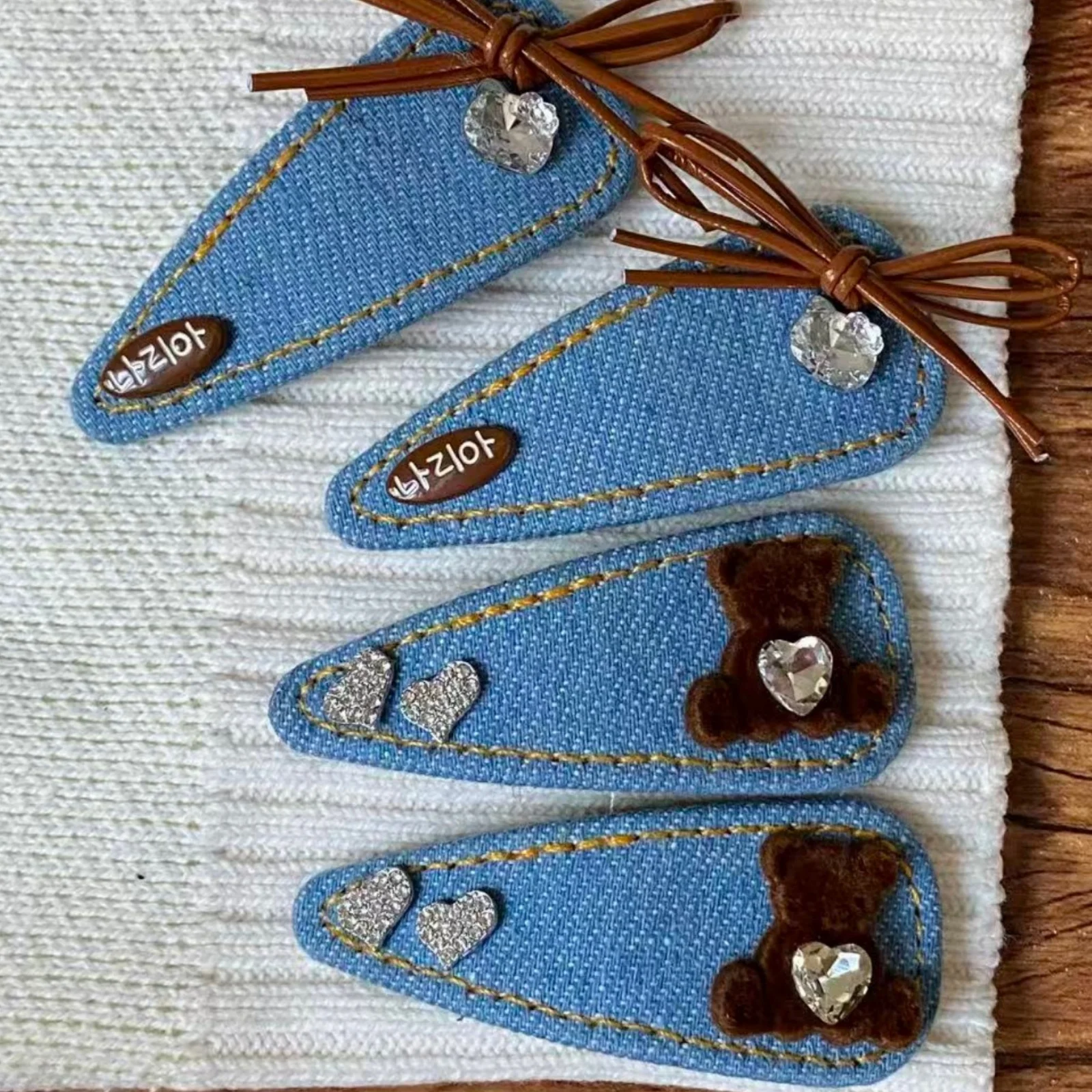 1PC Denim Hair Clips, Cute Bear & Bow Decor, Rhinestone Embellished, Trendy Hair Accessories for Girls，Korean Style