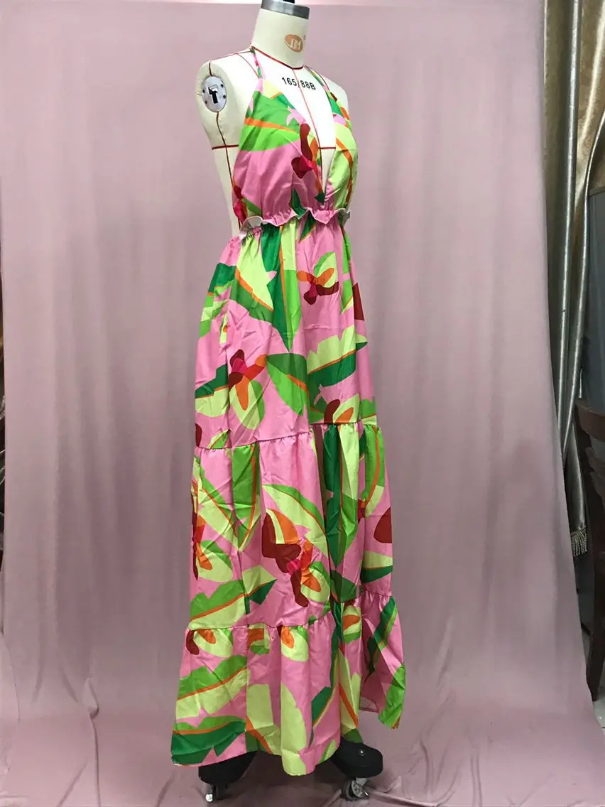 Vestidos de cuello halter con estampado de estilo bohemio para mujer, sexys, con escote en V y espalda descubierta, para vacaciones y playa, ropa informal para desplazamientos diarios.