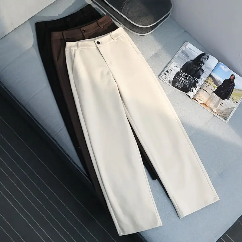 

New Rice White Woolen Wide Leg Pants for Women Autumn and Winter Loose High Waist Slim Casual Straight Leg Pants for Women