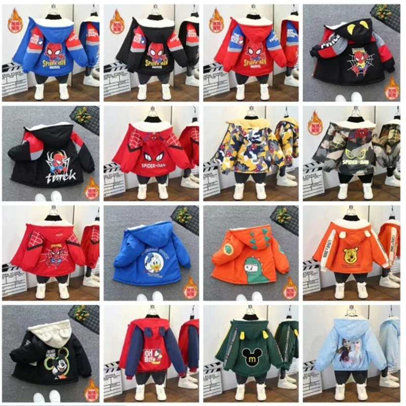 Children Outerwear Winter Baby Boys Warm Cotton Coat Cartoon Spiderman Frozen Mickey Minnie Kid Girl Thick Outerwear Zipper Jacket Children Hoodies