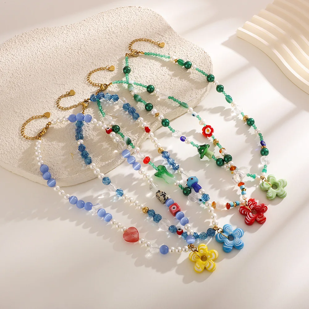 Summer Multicolour Transparent Beads Short Necklace Resin Flower Pearl Handmade Beading Evil Eye Clavicle Choker Beach Jewelry
