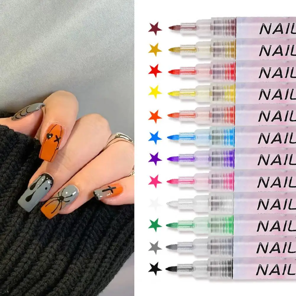 

12Pcs Nail Art Pens Quick Dry Water-Resistant DIY Plastic Nail Graffiti Pens Manicure Painting Tools Line Drawing Pens for Women