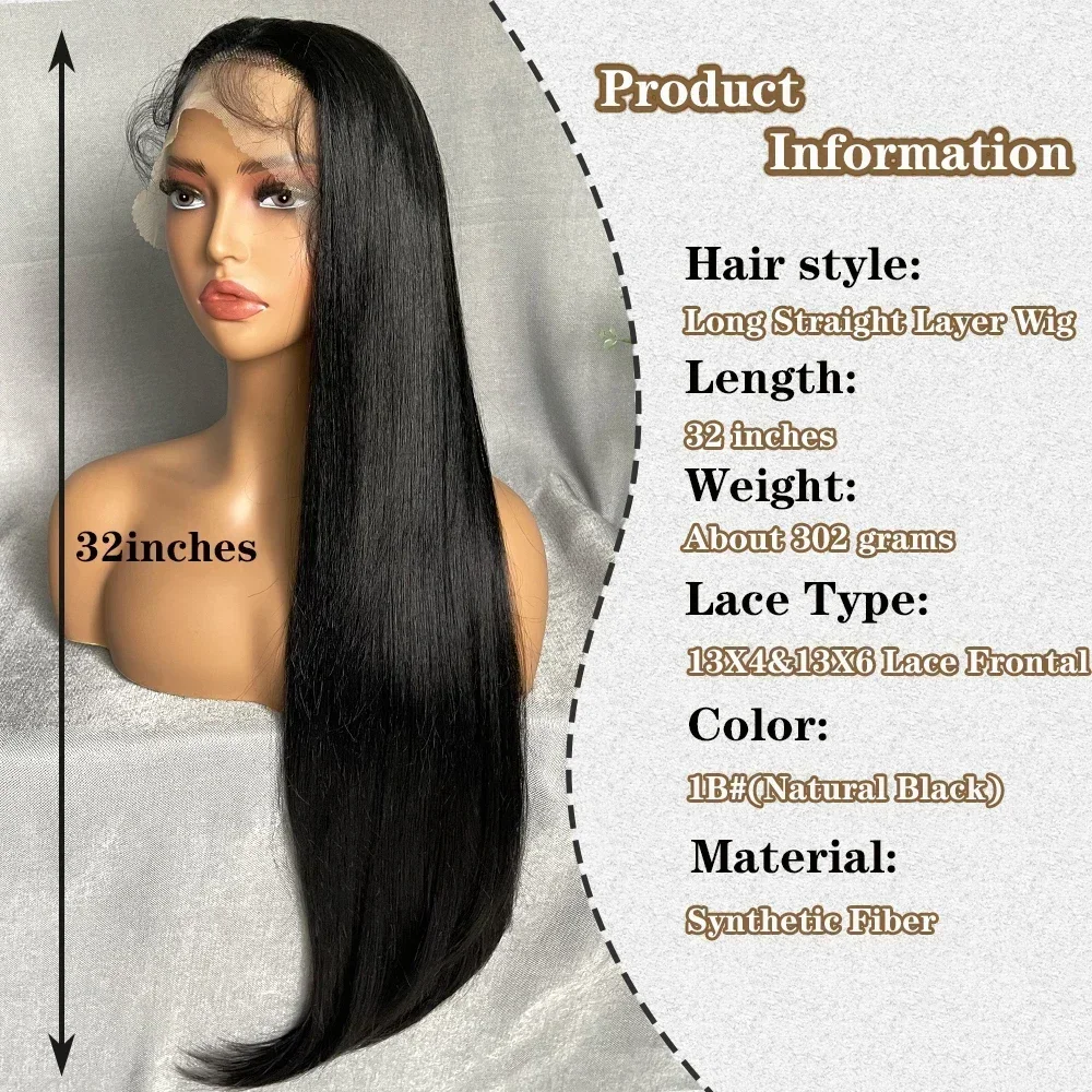Lace Front Wig 32inch Long Straight Layered Wigs 13X4 Lace Frontal Free Part Synthetic Hair Wig with Baby Hair for Women