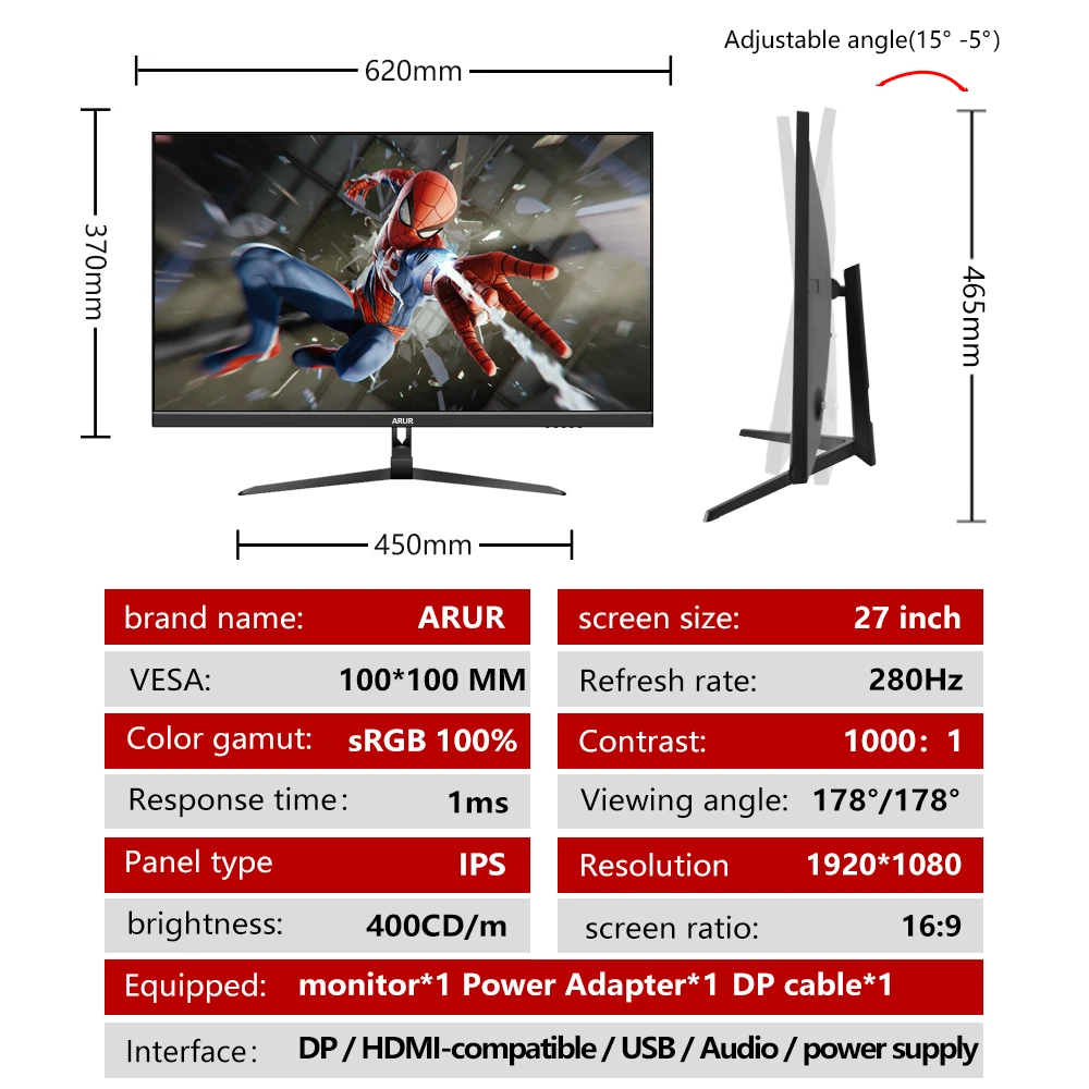 ARUR-27 ġ  240Hz LCD ÷, IPS 280Hz HD ũž PC ̸ ǻ ȭ  г HDMI ȣȯ DP, 1920x1080