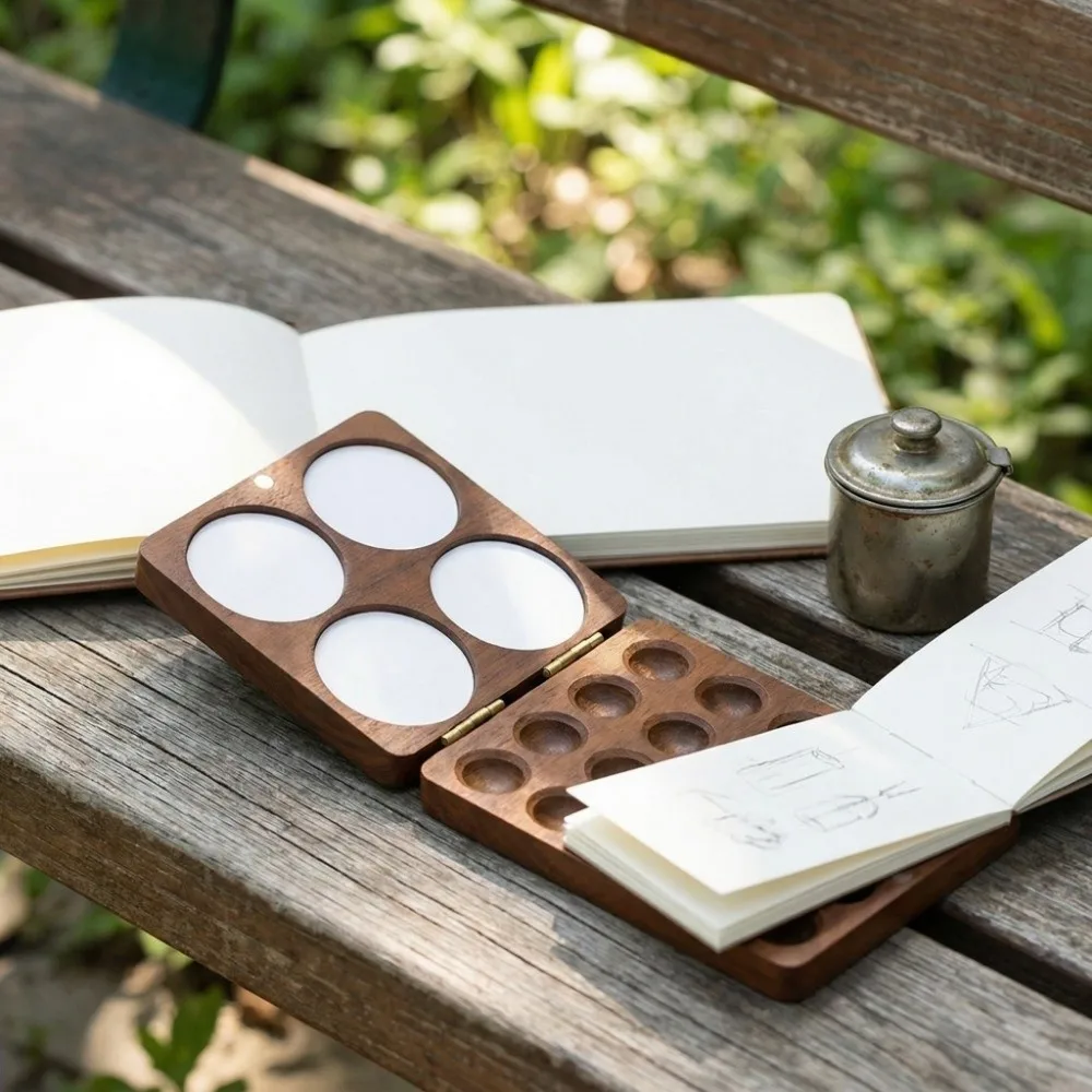 빈 상자 호두나무 수채화 팔레트 소형 자석 흡착 믹싱 페인트 트레이 휴대용 미니 포켓 팔레트 아티스트용