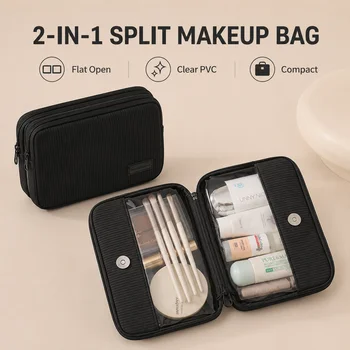 Borsa da Viaggio per Trucchi in PVC Trasparente, Organizer Cosmetico con Scomparti Divisi, Astuccio Portatile per Bellezza in Poliestere Costolato