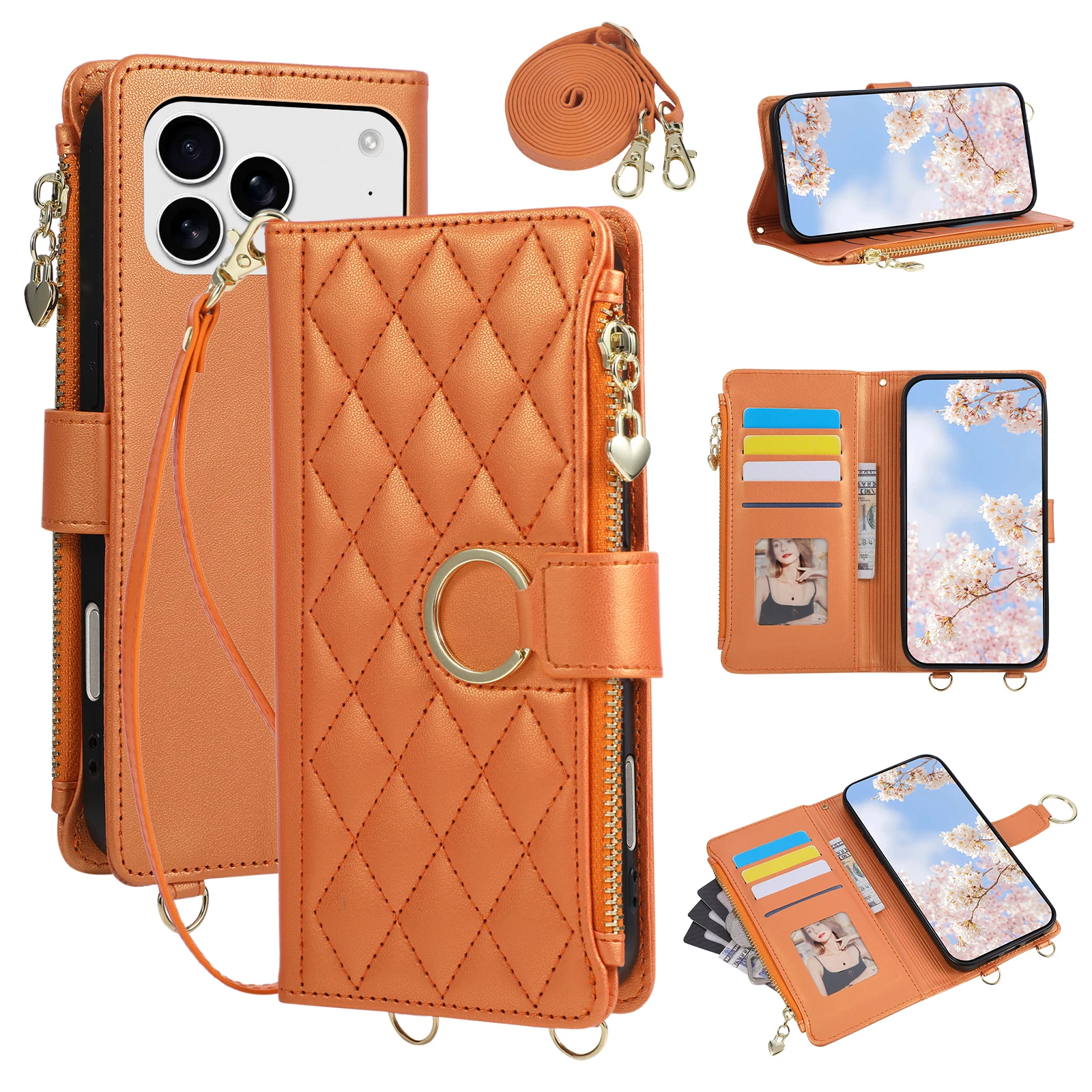 Quilted Zipper Wallet Phone Case with Crossbody Strap and Card Holder