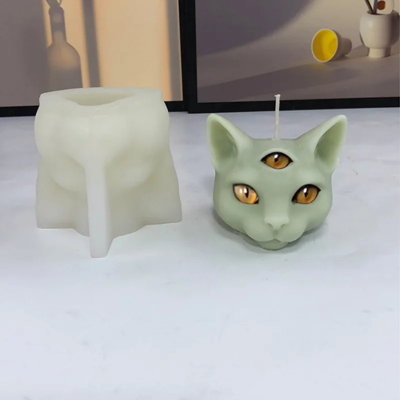 Three Eyes Cat Head Silicone Candle Mold 3D Animal Soap Plaster Resin Decorative Crafts Making Kit DIY Chocolate Ice Baking Mold