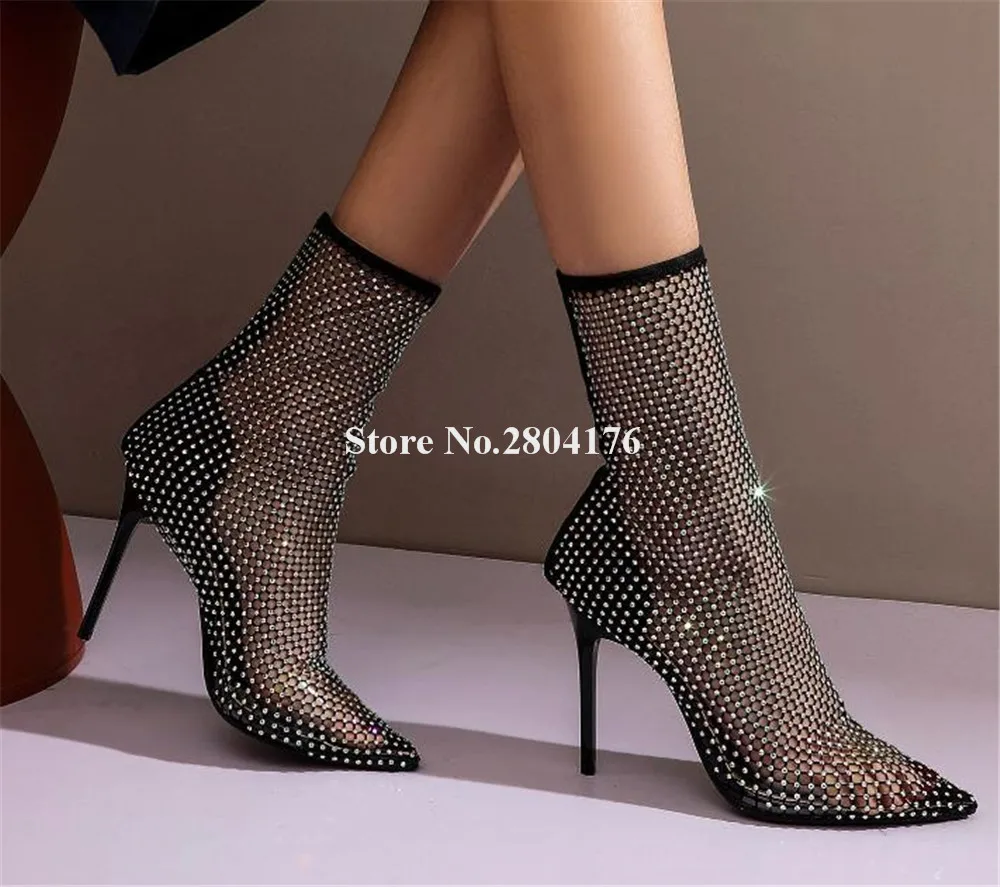 

Bling Bling Rhinestones Mesh Stiletto Heel Short Boots Shining Pointed Toe Slip-on Thin Heel Crystals Sock Ankle Booties