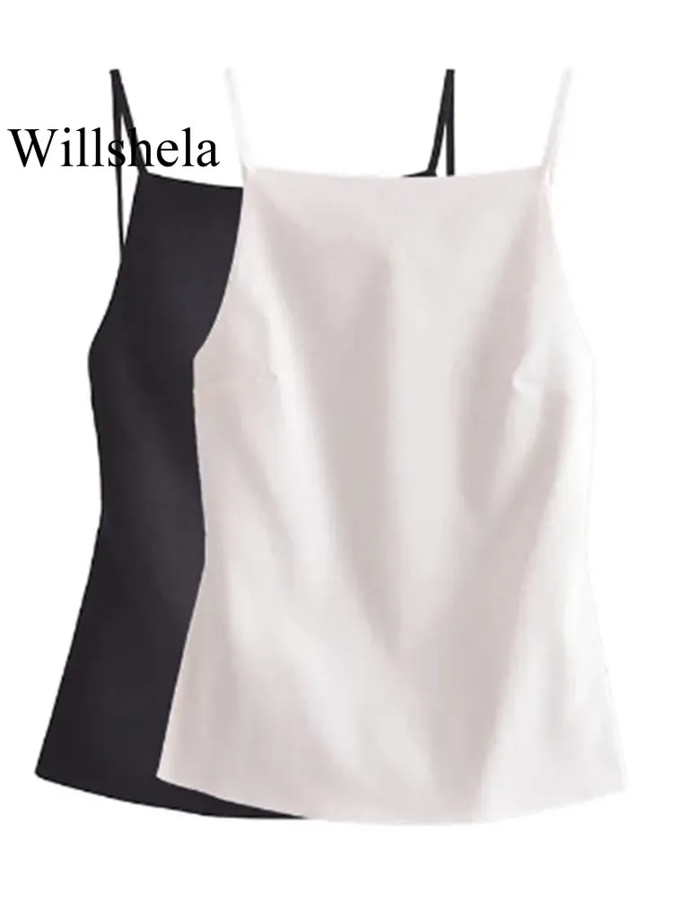 Willshela-Camisole à lacets dos nu pour femme, bretelles fines, col carré, vintage, monochromatique, chic, mode féminine, dame, Y