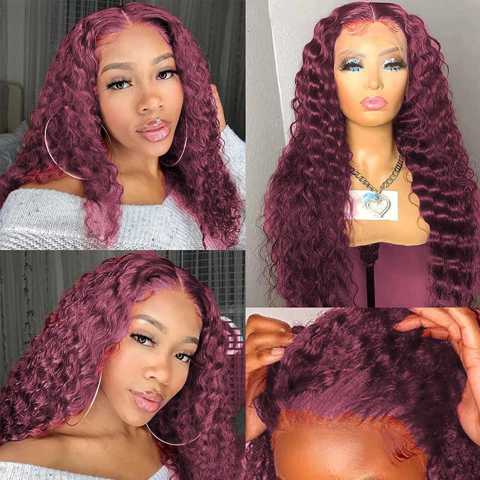 #99j Burg Color Brazilian Deep Wave 3/4 Hair Bundles with HD Transparent Lace Closure Remy Human Hair Bundles with Lace Frontal