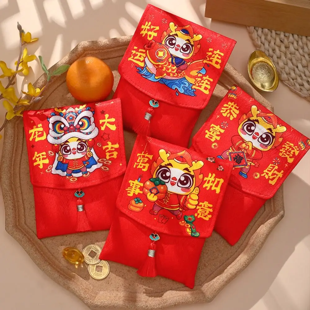 

Кошелек для денег на удачу, сумка для упаковки денег Hongbao, красный пакет 2024, красный конверт, мультяшный талисман на удачу с драконом году