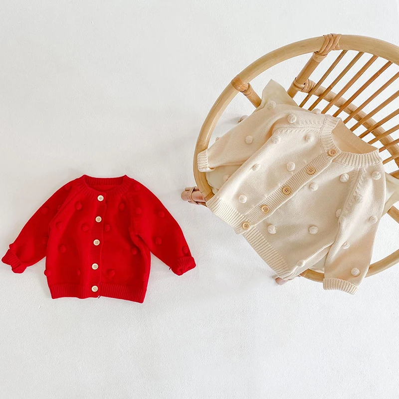 크리스마스 0-3세 여아 니트 스웨터 코트 가을 니트 수제 볼 라운드 넥 순면 스웨터 어린이 니트 스타일리시 코트