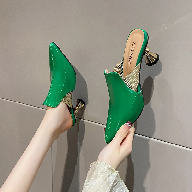 Aphixta Green Elegant 7.5cm High Heels Mules Women Slides Pointed Toe Slides Shoes Summer Fashion Footwear Big Size 46 Slippers