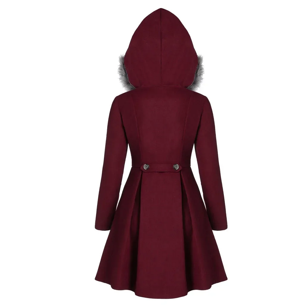 Woman Casual Fashion Princess Skirt Hooded Fur 2024 New Winter Woolen Coat Slim Double-breasted Mid-length Coat Jacket