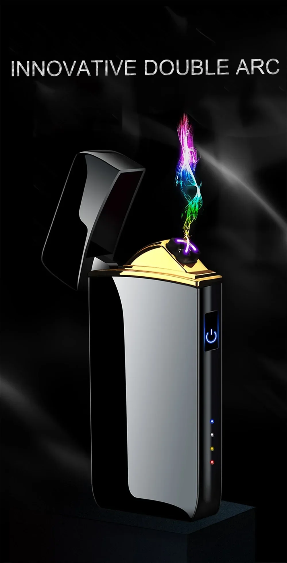 Description Picture 2 of itemHot Electric Windproof Metal Lighter Double Arc Flameless Plasma Rechargeable USB Lighter LED Power Display Touch Sensor Lighter