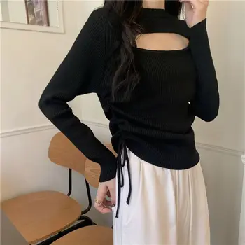 Maglione base a maniche lunghe con coulisse design autunnale e invernale da donna lavorato a maglia interna cava 1