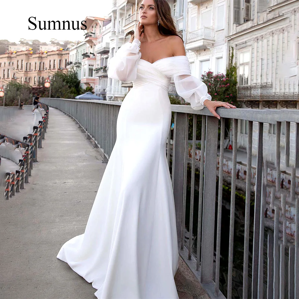 

White Off the Shoulder Mermaid Wedding Dress Half Sleeve Satin Long Bride Dresses Sweep Train Elegant Wedding Gown Back Zipper