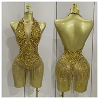 Luxury Golden Rhinestone Sexy Mesh Stretch Bodysuits Women Birthday Dancer Performance Stage Wear Nightclub Team Hotwife Outfit