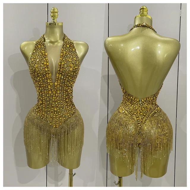 Luxury Golden Rhinestone Sexy Mesh Stretch Bodysuits Women Birthday Dancer Performance Stage Wear Nightclub Team Hotwife Outfit