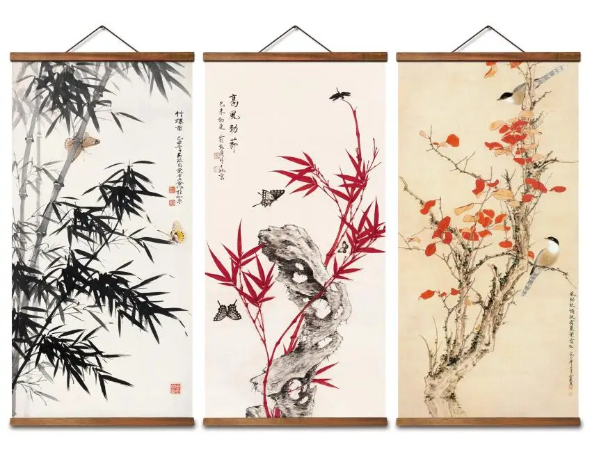 MT0336 Chinese Style bamboo swallow butterfly landscape Decorative Wall Art Posters Solid Wood Scroll Paintings 2