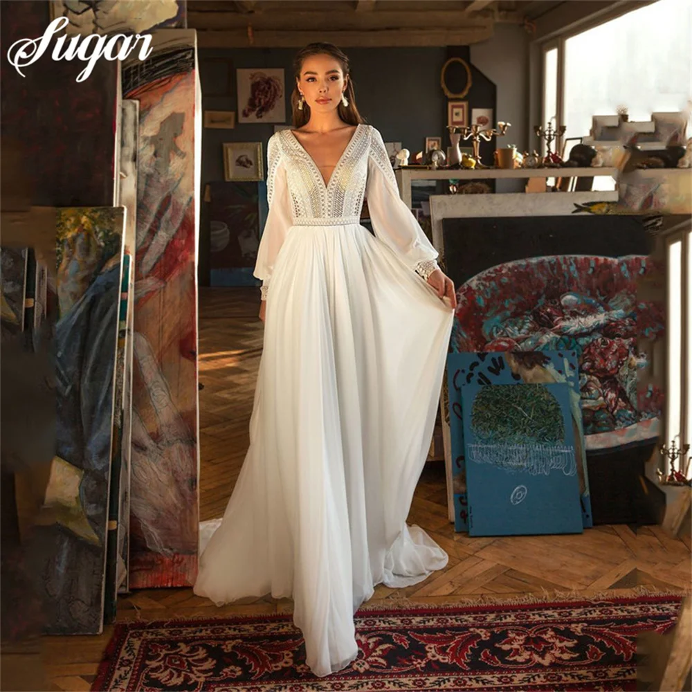 Robe De Mari?�e Boh?�me En Dentelle, Manches Bouffantes, Col En V, Dos Nu, Sur Mesure - Robes De 